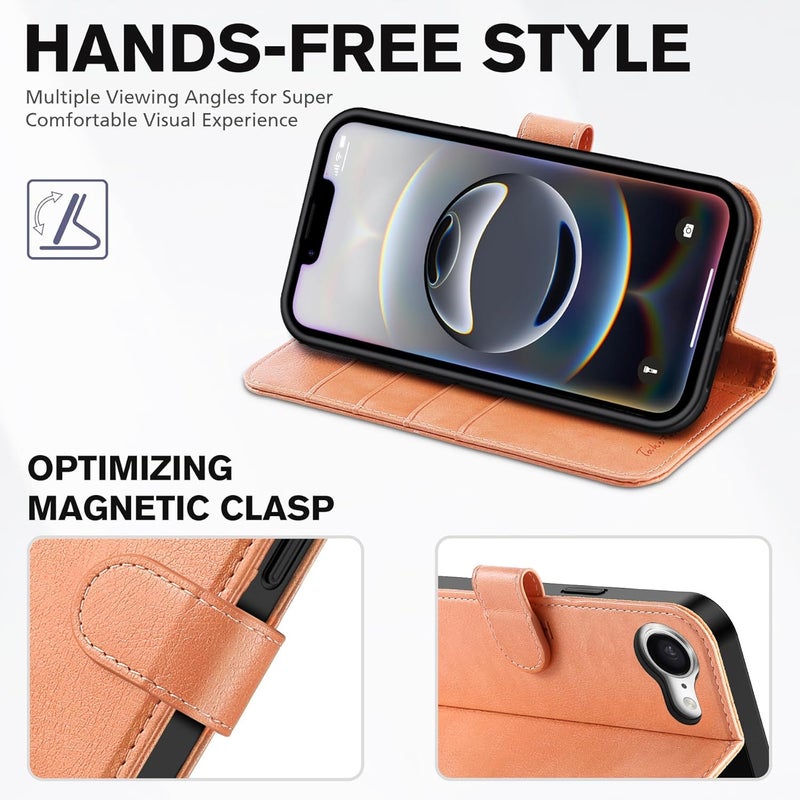 TUCCH Case Wallet for iPhone 16e, Protective [TPU Shockproof Inner Shell], Kickstand PU Leather RFID Blocking [4 Card Holder] Magnetic Closure Cover Compatible with iPhone 16e 5G, Peachy Pink - Image 4